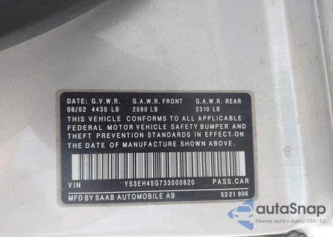 2003 Saab 9-5 Aero from USA, damaged, VIN YS3EH45G733000620